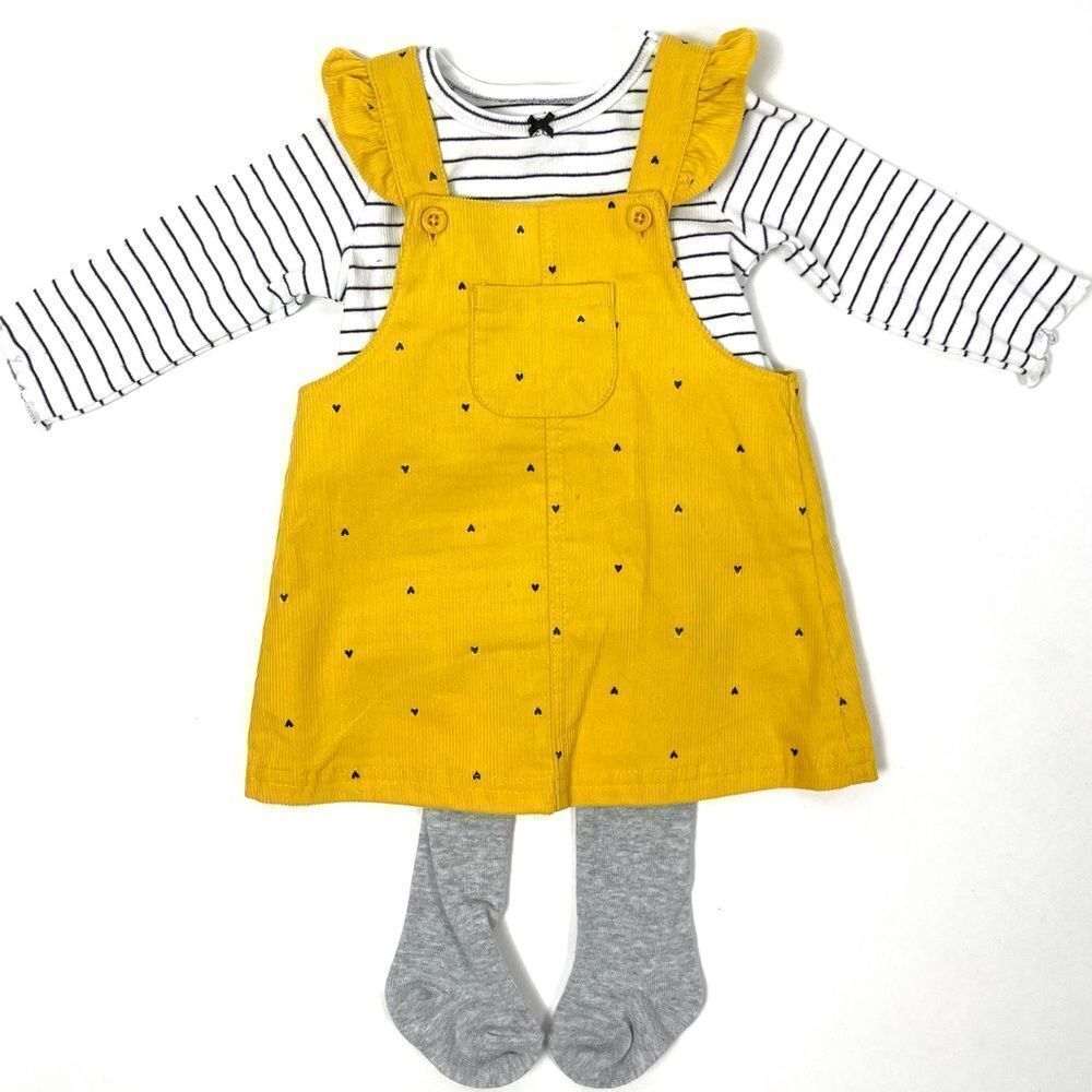 CARTER'S Baby Girl Dress Corduroy Long Sleeve Stripe 3 Piece Set Yellow 6 months